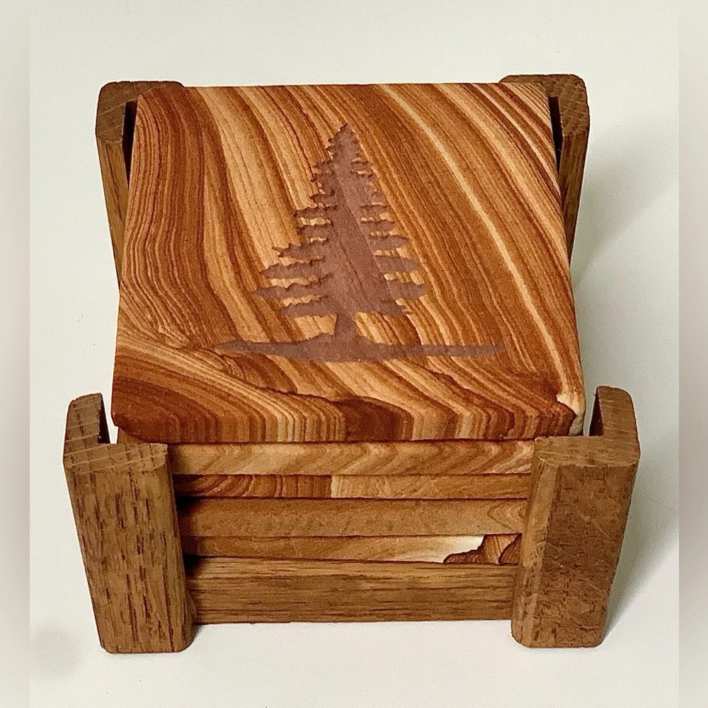 Vtg Set of 5 Evergreen Tree Engraved Marbled Sandstone Cork Lined Drink Coasters